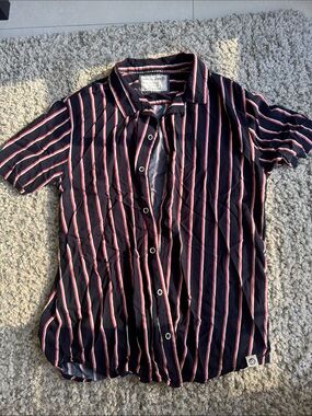 Free Planet Navy Short Sleeve Button-Up with Pink and White Stripes